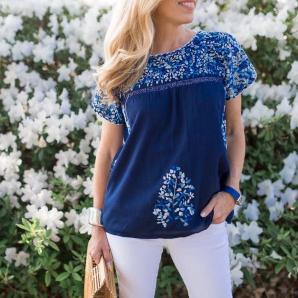 ROBERTA ROLLER RABBIT - Navy Blue w/ Multi Blue & White Hand Embroidered